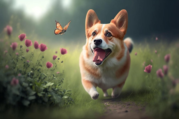 Un corgi gallois se promène dans le jardin et attrape des papillons illustration réaliste Generative AI