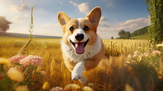 Un corgi heureux dans un champ, les oreilles ravis de joie.