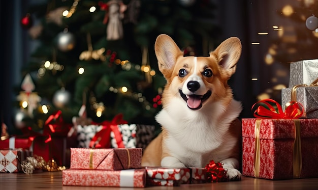 Un Corgi ludique est assis près d'un sapin de Noël éblouissant, entouré de lumières et d'ornements incarnant la chaleur et la joie festives. Créé avec des outils d'IA générative.