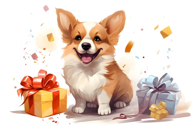 Photo un corgi mignon et joyeux avec des cadeaux dans un style plat carte de vœux d'anniversaire avec un animal de compagnie