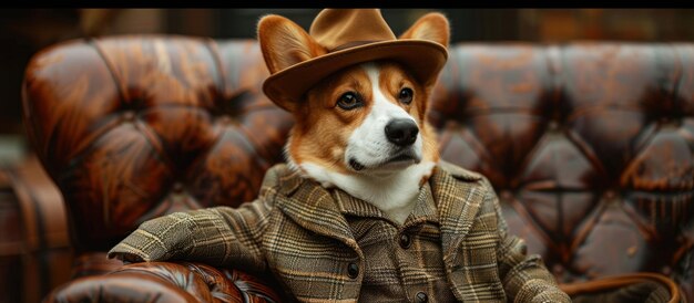 Le Corgi Pembroke gallois élégant en costume et chapeau sur le canapé