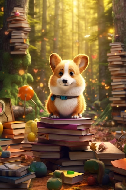 Corgi sur une pile de livres