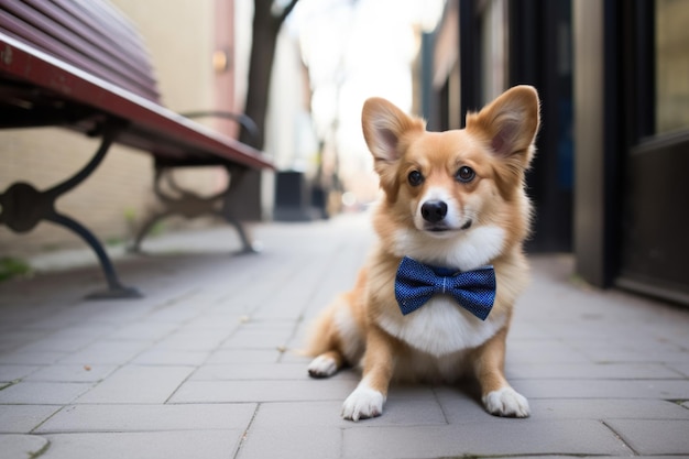 Un corgi portant un nœud papillon bleu marine sur un trottoir de la ville