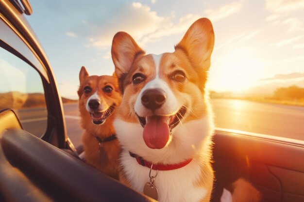 Les Corgis profitent d'une promenade en voiture au coucher du soleil