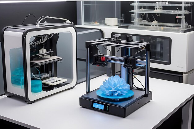 Corner de laboratoire de modélisation avancé avec imprimante 3D en action