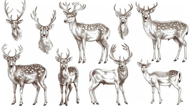 Cornes d'un cerf et d'un renne sur fond blanc dans un style rétrorealiste Illustration graphique moderne dessinée à la main Animal sauvage de la forêt du Nord