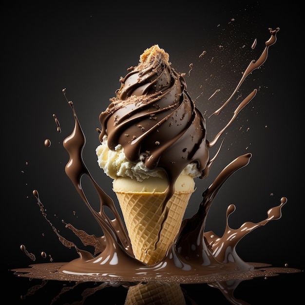 Un cornet de crème glacée au chocolat est éclaboussé de chocolat.