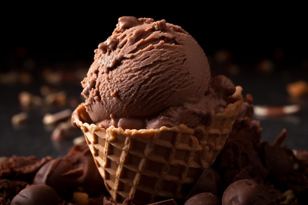 Cornet de crème glacée au chocolat sur fond sombre