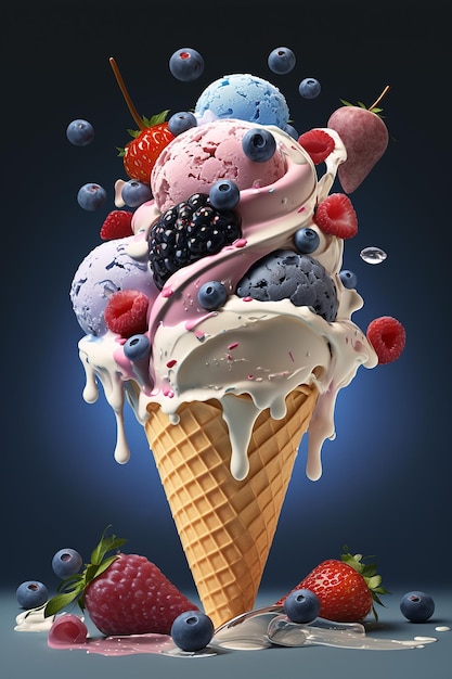 Cornet de crème glacée aux baies et aux fruits Generative AI