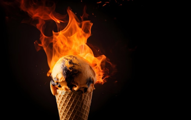 Photo un cornet de crème glacée brûlant est en feu avec un fond noir.