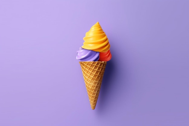 Un cornet de crème glacée coloré sur fond violet