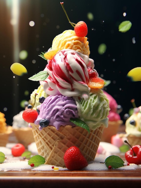 Un cornet de crème glacée coloré avec une fraise sur le dessus.