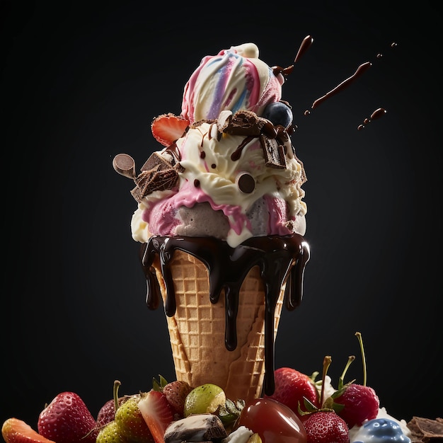 Un cornet de crème glacée avec du chocolat et des fraises sur le dessus