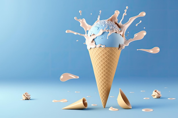 Un cornet de crème glacée avec du lait qui en coule Generative AI