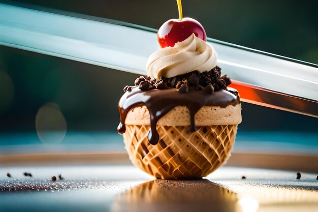 Photo un cornet de crème glacée avec du sirop de chocolat sur le dessus.