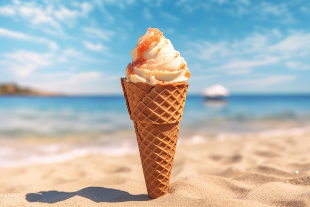 Cornet de crème glacée d'été sur une plage de sable ai génératif