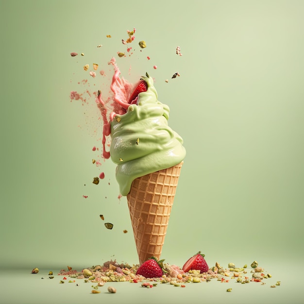 Photo cornet de crème glacée fraise et pistache fond vert pastel