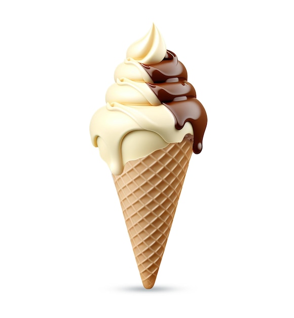 Un cornet de crème glacée avec de la glace au chocolat et à la vanille sur fond blanc