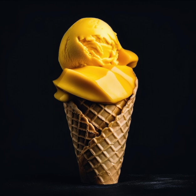 Un cornet de crème glacée jaune avec de la glace à la mangue sur le dessus.