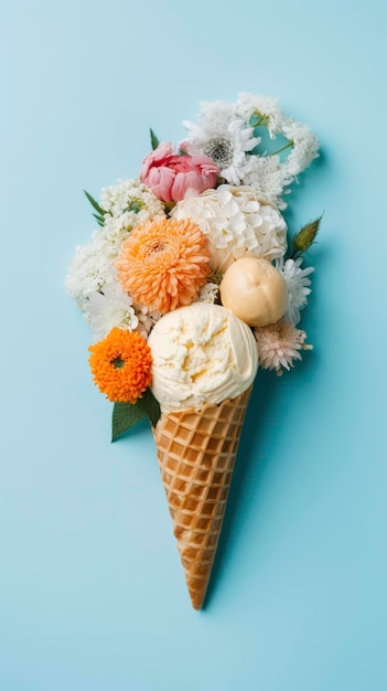 Cornet de crème glacée avec des meringues jaunes roses bleus sur fond coloré génèrent de l'ai