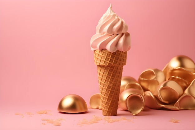 Un cornet de crème glacée d'or sur fond rose