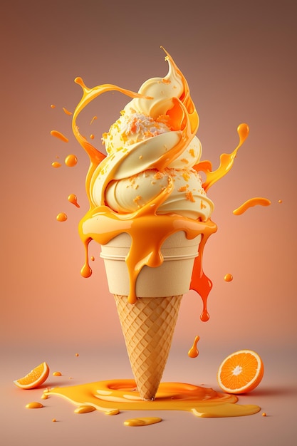 Cornet de crème glacée à l'orange Generative AI