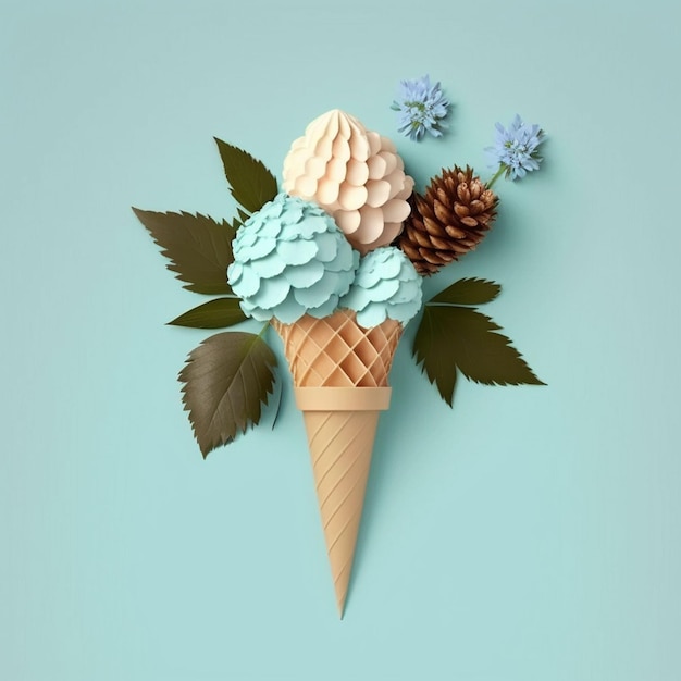 Un cornet de crème glacée en papier avec des fleurs et des feuilles bleues sur fond bleu.