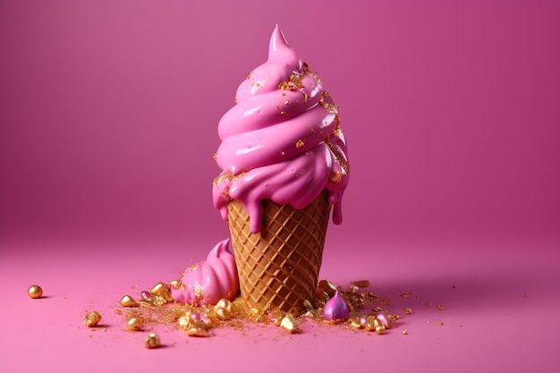 Un cornet de crème glacée rose avec un motif pailleté doré sur le dessus