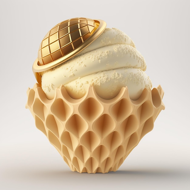 Un cornet de glace doré avec un motif doré dessus.