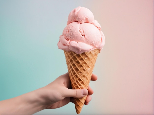 Un cornet de glace sur fond de couleur pastel à la main