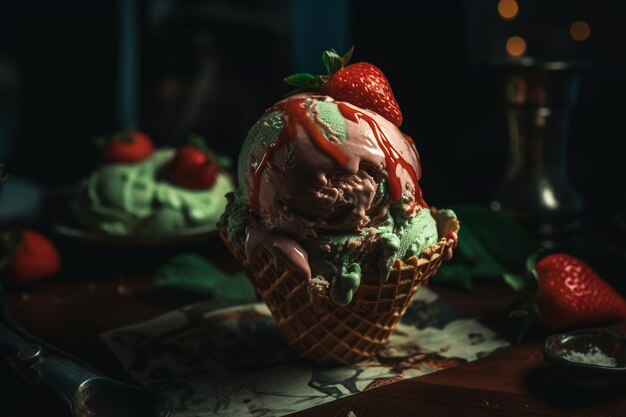 Un cornet de glace à la fraise avec une fraise sur le dessus.