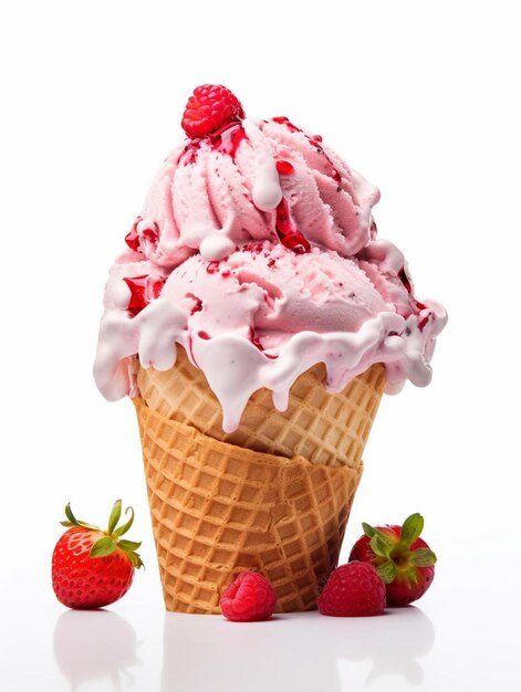 un cornet de glace avec des fraises et des fraises dessus.