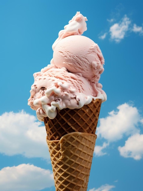 un cornet de glace géant avec un glaçage rose dessus