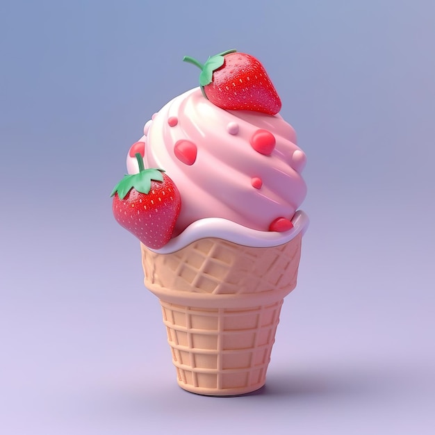 Un cornet de glace rose avec deux fraises sur le dessus.