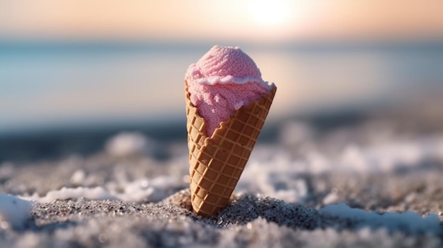 Photo un cornet de glace rose sur la plage