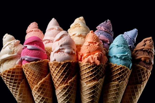 cornets de crème glacée de couleur arafly avec différentes saveurs de crème glacée ai générative