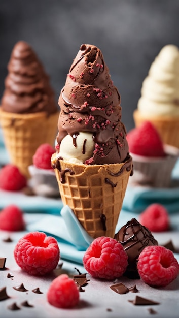 Cornets de glace aux framboises et au chocolat