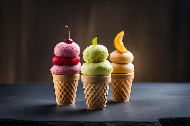 Photo des cornets de glace avec de la glace dessus, dont l'un est orange et vert.