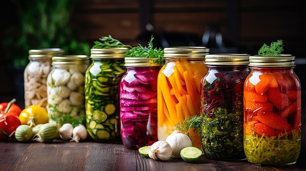 Des cornichons faits maison, des conserves, des légumes d'élevage fermentés, faits maison dans des pots sur la table.