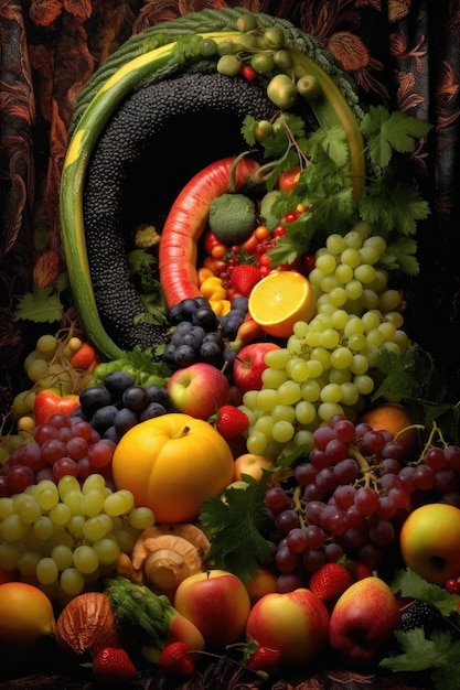 Cornucopia rempli de fruits et légumes de saison créés avec l'AI générative