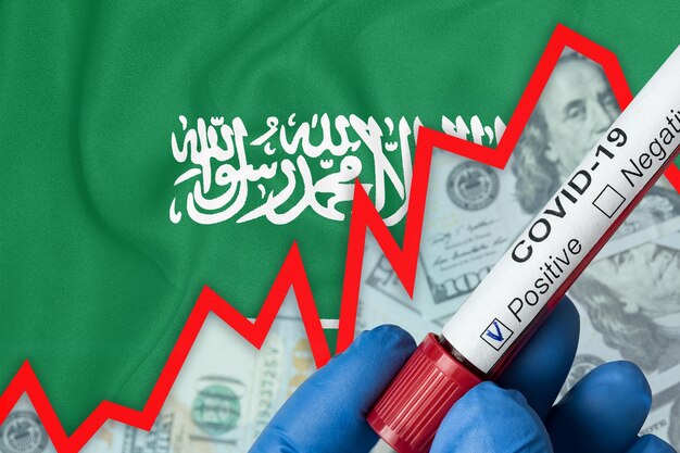 Coronavirus en Arabie Saoudite. Test sanguin positif sur fond de drapeau. Augmentation de l'incidence. Crise économique.