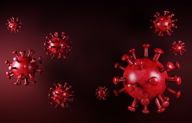 Coronavirus COVID-19. Vue microscopique d'une cellule sur un coronavirus. Analyse et test. Roman sur le coronavirus 2019-nCov. Virus du microscope se bouchent. Grippe, rendu 3d