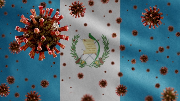 Coronavirus de la grippe flottant au-dessus du drapeau guatémaltèque, agent pathogène qui attaque les voies respiratoires.