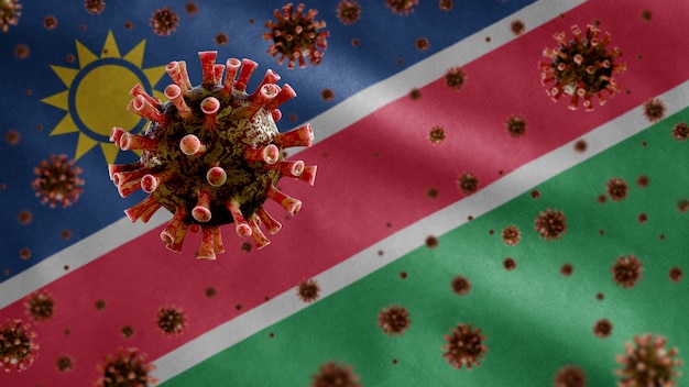 Coronavirus de la grippe flottant au-dessus du drapeau namibien, agent pathogène qui attaque les voies respiratoires