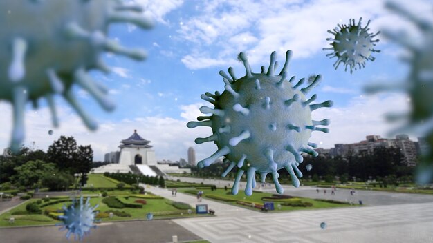 coronavirus de la grippe flottant sur le monument historique de la salle commémorative de Chiang Kai Shek