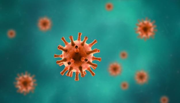 Coronavirus à l'intérieur de la cellule ou du sang vue macro du virus corona SARSCoV2 sur fond bleu vert illustration 3d Concept de pandémie COVID19