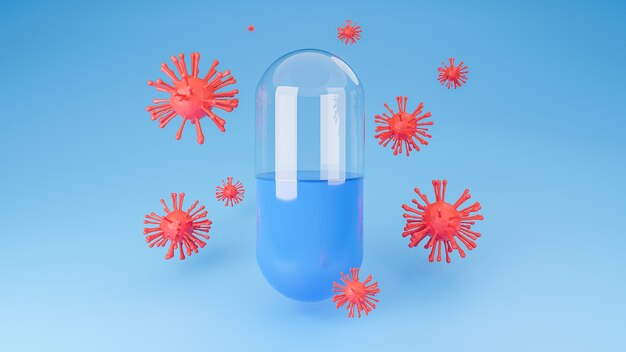 Le coronavirus rouge ou Covid-19 entoure la capsule de la pilule