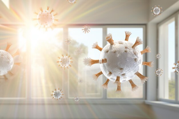 le coronavirus se propage dans l'air au fond de la salle blanche de style bokeh