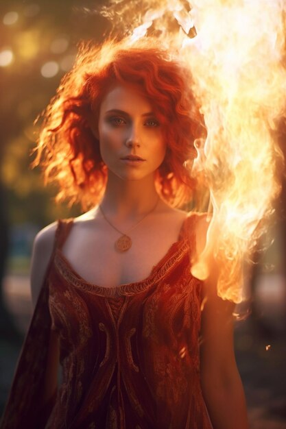 Photo le corps complet de la femme est une fille faite de feu l'élément feu ai a généré l'art