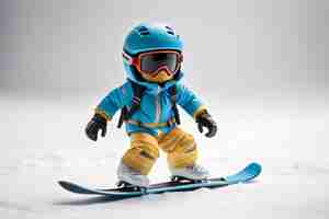 Photo corps complet d'un jeune enfant anonyme portant un casque et des lunettes de protection faisant du snowboard sur un sol enneigé
